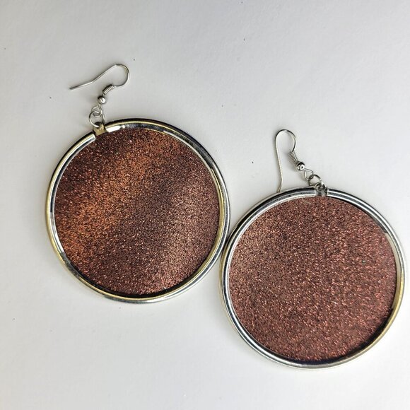Brown and Silver Round Earrings Large Round Glitter Earrings Butterfly Earrings - Picture 4 of 4